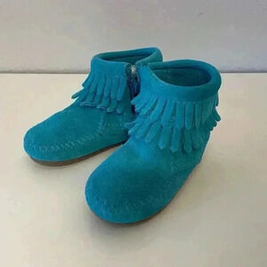 Minnetonka Girl’s‎ Blue Suede Fringe Zipper Boots Size 4